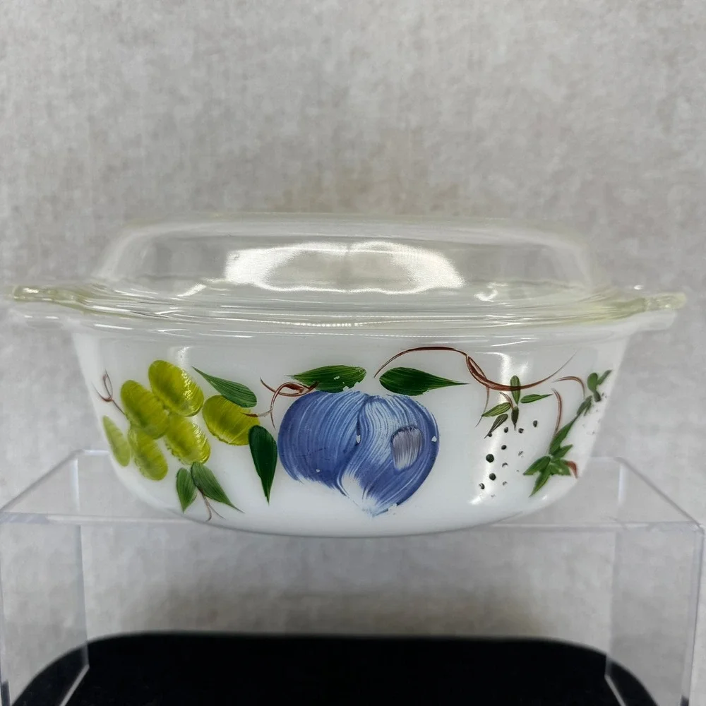 Vintage Fire King Fruit Pattern 2 QT Milk Glass Casserole Dish with Lid